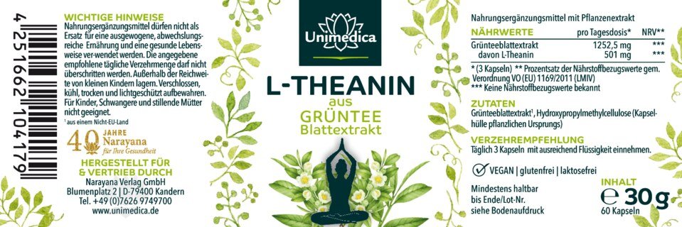 L-Theanin - aus Grüntee Blattextrakt - 500 mg pro Tagesdosis - 60 Kapseln - von Unimedica