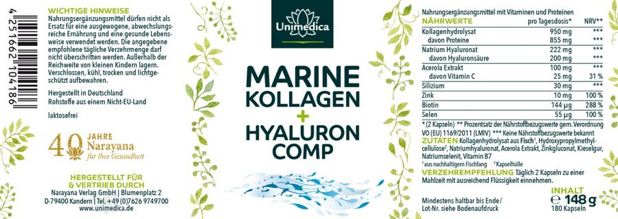 Marine Kollagen + Hyaluron Comp - mit Fisch Kollagen, Vitaminen und Mineralien - 180 Kapseln - von Unimedica