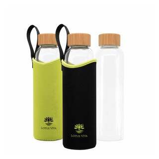 Glas-Trinkflasche 580 ml mit Neopren-Hülle grün/schwarz - Lotus Vita