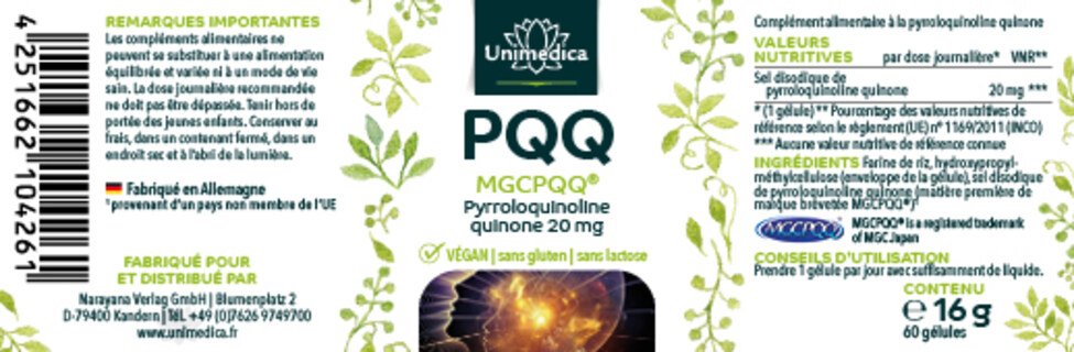 PQQ (MGCPQQ) pyrroloquinoline quinone - 20 mg par dose journalière (1 gélule) - 60 gélules - par Unimedica