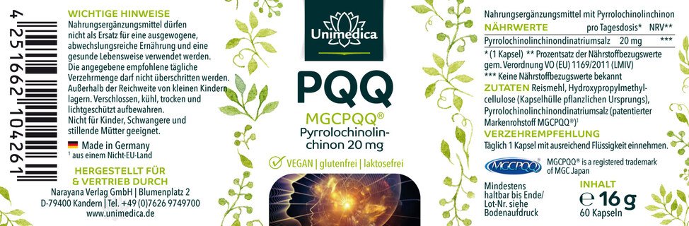 PQQ (MGCPQQ) Pyrrolochinolinchinon - 20 mg pro Tagesdosis - 60 Kapseln - von Unimedica