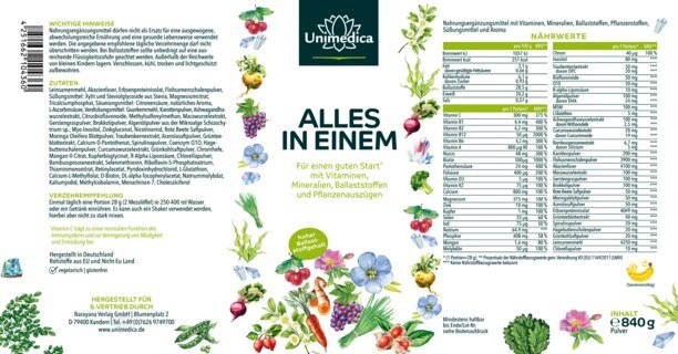 Alles in Einem - All-in-one-Drink - Vitamine + Mineralstoffe + Ballaststoffe + hochwertige Pflanzenstoffe in einem Komplex - 30 Portionen - Pulver - 840 g - von Unimedica