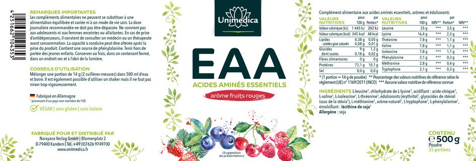 EAA - acides aminés essentiels - poudre - 500 g - par Unimedica