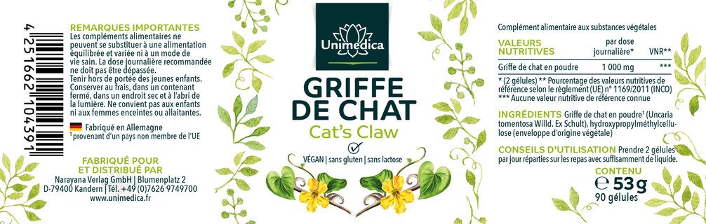 Griffe de chat - Cat´s Claw  1 000 mg par dose journalière - 90 gélules - par Unimedica