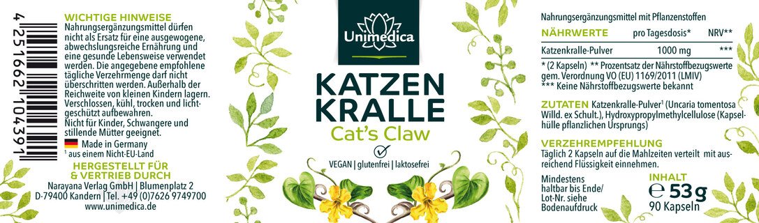 Katzenkralle - Cat´s Claw - 1000 mg pro Tagesdosis (2 Kapseln) - 90 Kapseln - von Unimedica