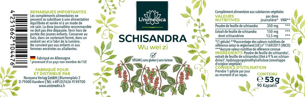 Schisandra  extrait de feuille de Schisandra chinensis titré à 9 % en schisandrine - 150 mg - par Unimedica