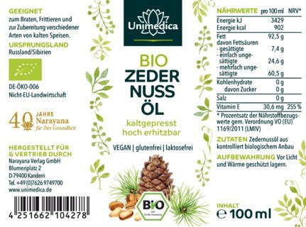 Sibirisches Bio Zedernussöl - kaltgepresst - 100 ml - von Unimedica