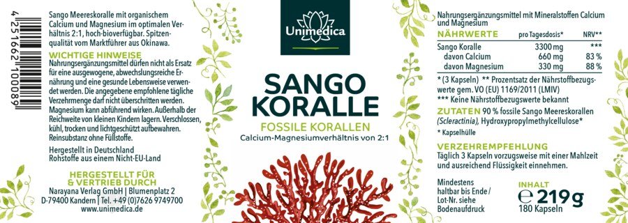 2er-Sparset: Sango Koralle - 90 % fossile Korallen aus Okinawa (Japan) - 3.300 mg pro Tagesdosis (3 Kapseln) - 2 x 180 Kapseln - von Unimedica