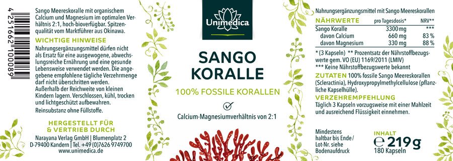 2er-Sparset: Sango Koralle - 100 % fossile Korallen aus Okinawa (Japan) - 3.300 mg pro Tagesdosis (3 Kapseln) - 2 x 180 Kapseln - von Unimedica