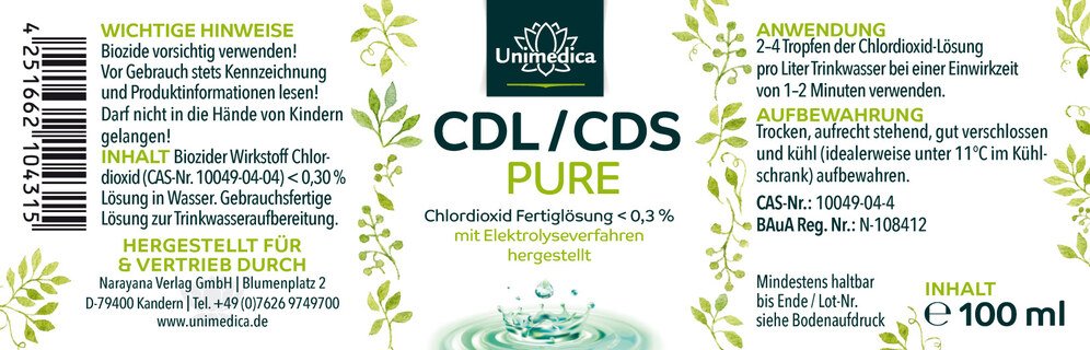 CDL/CDS PURE  Chlorine Dioxide Ready-to-Use Solution 0.3% - made by electrolysis - 100 ml - from Unimedica