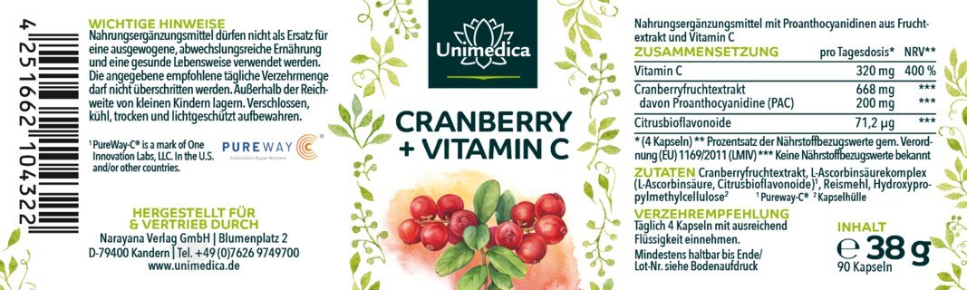 Cranberry Extrakt - 668 mg pro Tagesdosis (4 Kapseln) - mit Vitamin C - 90 Kapseln - von Unimedica