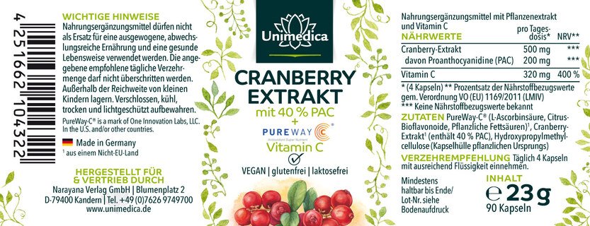 Cranberry Extrakt - 500 mg pro Tagesdosis - mit Vitamin C - 90 Kapseln - von Unimedica