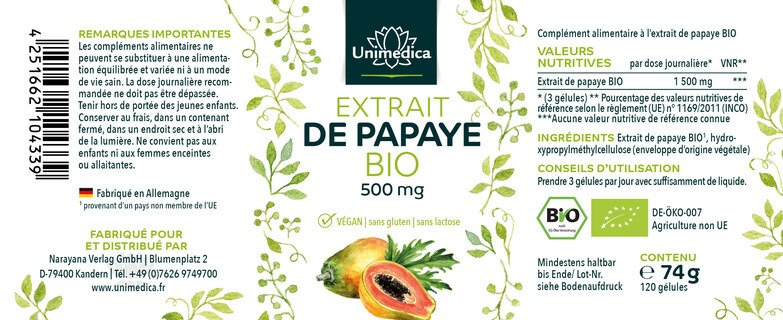 Extrait de papaye BIO  1 500 mg par dose journalière - 120 gélules - par Unimedica