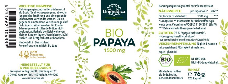 Bio Papaya Extrakt - 1.500 mg pro Tagesdosis (3 Kapseln) - 120 Kapseln - von Unimedica