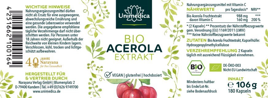 2er-Sparset: Natürliches Vitamin C - Bio Acerola Extrakt - 2 x 180 Kapseln - von Unimedica