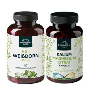 Sparset: Bio Weißdorn - 1200 mg Tagesdosis - 200 Kapseln UND - Kalium-Magnesiumcitrat - 120 Kapseln im Set - von Unimedica/