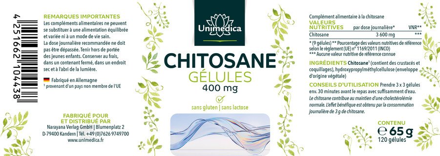 Gélule de chitosane  3 600 mg par dose journalière - 120 gélules - par Unimedica