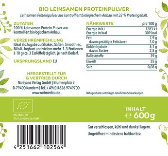 Bio Leinsamen Proteinpulver - 32 % Proteingehalt - 600 g - von Unimedica - Sonderangebot kurze Haltbarkeit