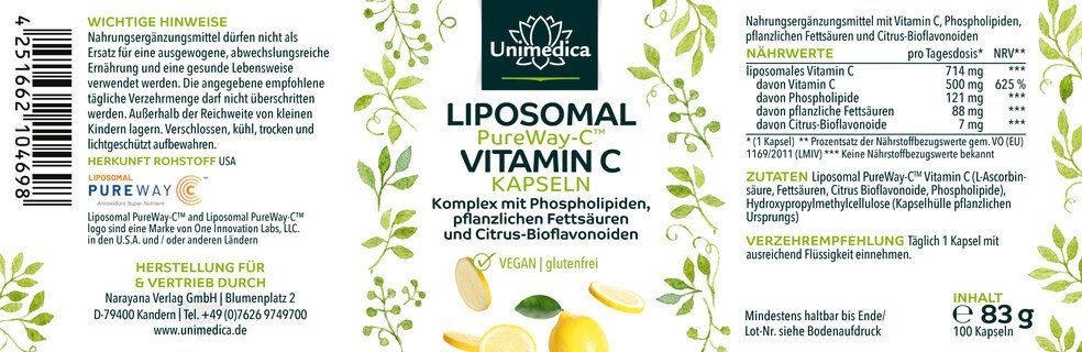 Liposomales Vitamin C - PureWay-C™ - 500 mg Vitamin C pro Tagesdosis (1 Kapsel) - 100 Kapseln - von Unimedica