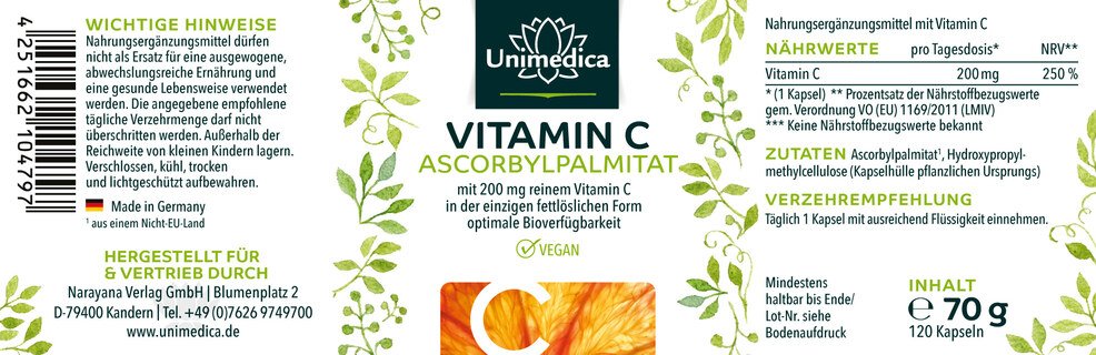 Vitamine C palmitate d'ascorbyle - 200 mg de vitamine C par dose journalière - 120 gélules - par Unimedica