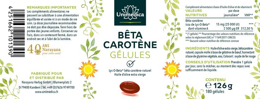 Lot de 2: Bêta-carotène - avec Lyc-O-Beta® - 25 000 UI - 2 x 180 gélules molles - par Unimedica