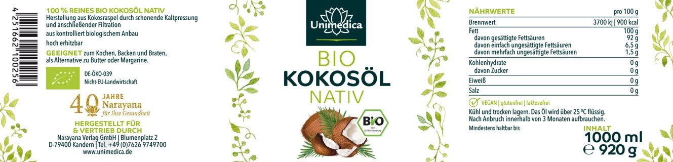 Lot de 2: Huile de noix de coco biologique - 2 x 1000 ml - Unimedica