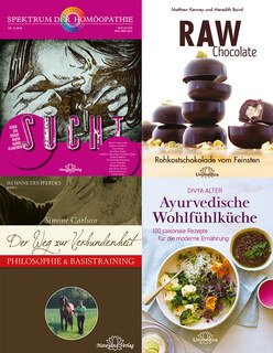 4er-Set - Unimedica Bücher - Ayurvedische Wohlfühlküche / Der Weg zur Verbundenheit / Raw Chocolate / Spektrum Homöopathie: Sucht, Narayana Verlag