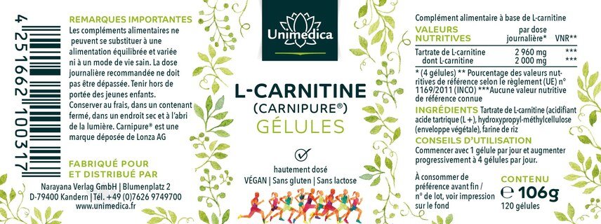 Lot de 2: L-carnitine (Carnipure®) - 2000 mg par dose journalière - 120 gélules  par Unimedica