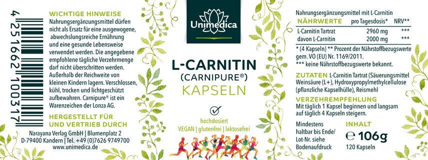 2er-Sparset: L-Carnitin (Carnipure®) - 2000 mg pro Tagesdosis - 2 x 120 Kapseln - von Unimedica