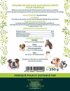 Poudre de moules aux orles verts pour animaux - Perna Canaliculus  produit naturel - 250 g  aliment pour animaux - par Uniterra