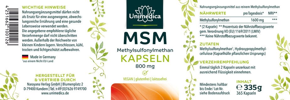 Lot de 2: Gélules MSM - 1600 mg par dose journalière - 2 x 365 gélules - Unimedica