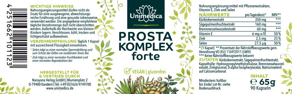 Lot de 2: Prosta Komplex forte - gélules pour la prostate à base d'extrait de graines de courge, extrait de palmier nain, racine d'ortie - 2 x 90 gélules - par Unimedica