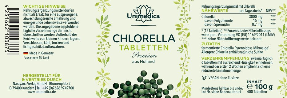 Lot de 2: Chlorella Sélection Premium - dose journalière 3 g - origine Hollande - 2 x 400 comprimés - par Unimedica