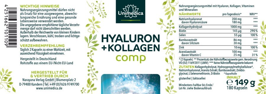 2er-Sparset: Hyaluron + Kollagen comp - mit Silizium aus Bambus, Vitaminen und Mineralien - 2 x 180 Kapseln - von Unimedica