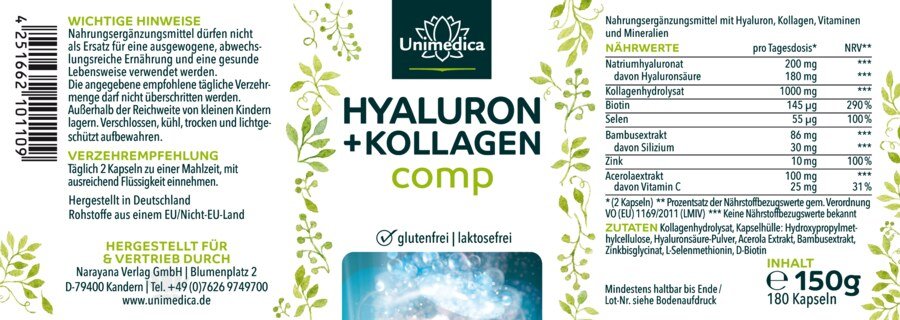 Lot de 2: Acide hyaluronique + collagène comp.  silicium de bambou, avec vitamines et minéraux - 2 x 180 gélules - Unimedica
