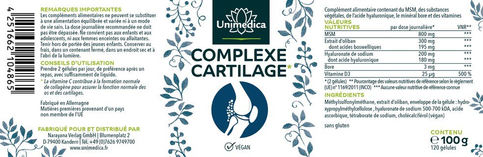Complexe Cartilage - avec MSM + acide hyaluronique + vitamines + oliban - 120 gélules - par Unimedica