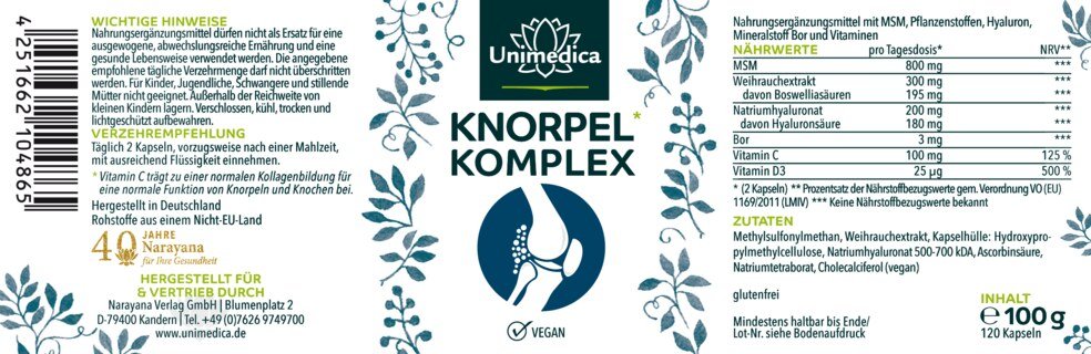 Knorpel Komplex - mit MSM + Hyaluron + Vitaminen + Weihrauch - 120 Kapseln - von Unimedica