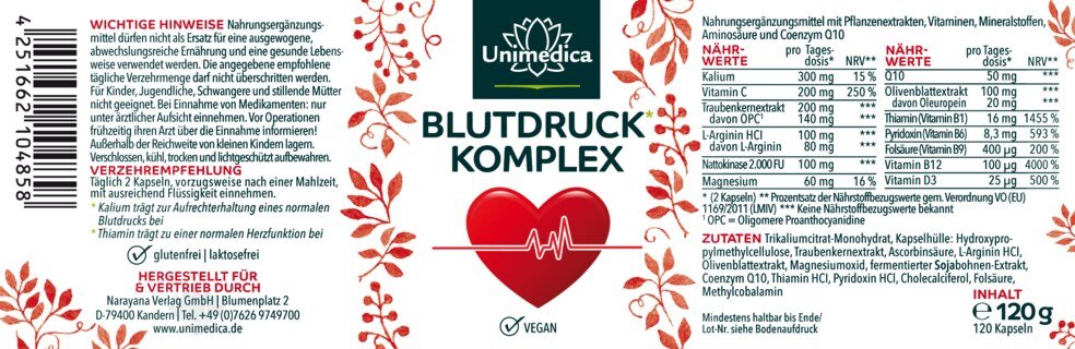 Blutdruck Komplex - hochdosiert - 120 Kapseln - von Unimedica
