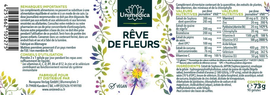 Rêve de fleurs* - complexe contenant de la quercétine, un extrait de graine de nigelle, du curcuma, du zinc et des vitamines - 90 gélules - par Unimedica