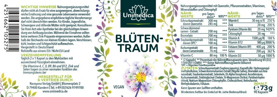 Blütentraum - Komplex mit Quercetin, Schwarzkümmelsamen-Extrakt, Kurkuma, Zink und Vitaminen - 90 Kapseln - von Unimedica