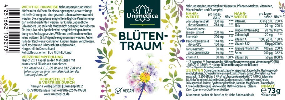 Blütentraum* - Komplex mit Quercetin, Schwarzkümmelsamen-Extrakt, Kurkuma, Zink und Vitaminen - 90 Kapseln - von Unimedica