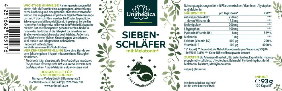 Siebenschläfer - Komplex mit Melatonin*, Vitaminen, L-Tryptophan, Bio Ashwagandha und Bio Brahmi - 120 Kapseln - von Unimedica