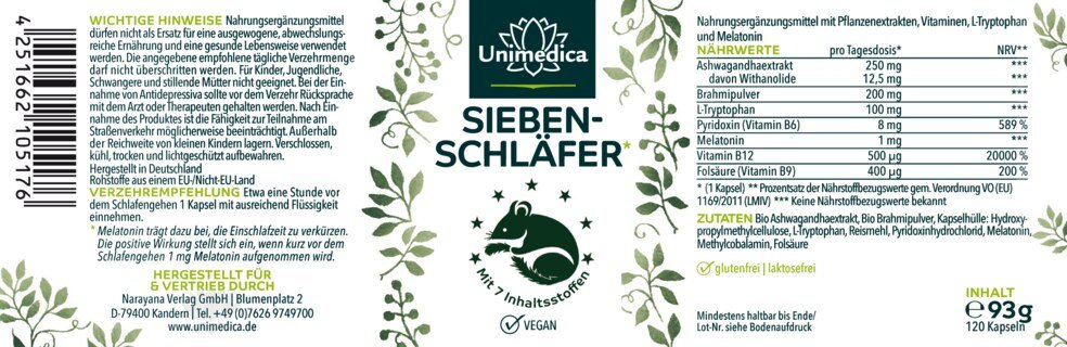 Siebenschläfer* - complex with melatonin, vitamins, L-tryptophan, organic ashwagandha and organic brahmi - 120 capsules - from Unimedica