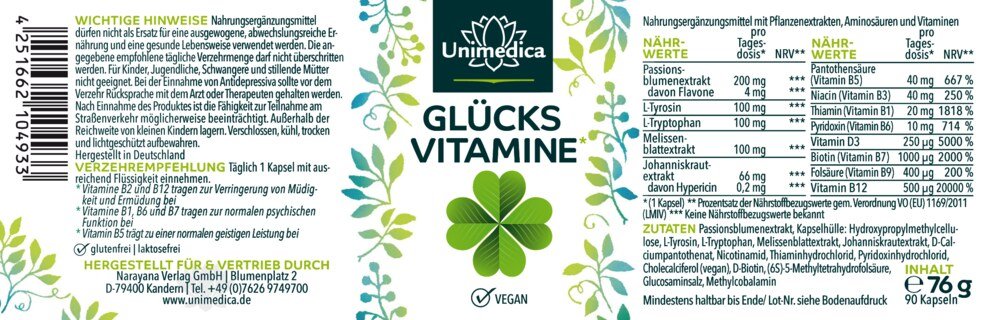 Glücksvitamine* - Komplex mit Johanniskraut, Passionsblume, Tryptophan und Tyrosin - 90 Kapseln - von Unimedica