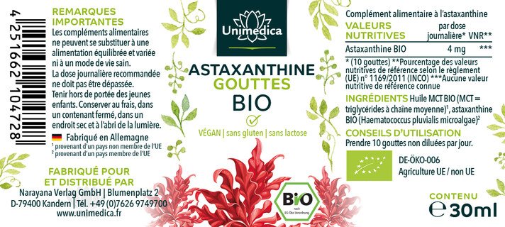 Gouttes d'astaxanthine BIO - 4 mg par dose journalière - 30 ml - par Unimedica