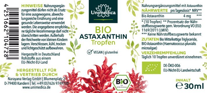 Bio Astaxanthin Tropfen - 4 mg pro Tagesdosis (10 Tropfen) - 30 ml - von Unimedica
