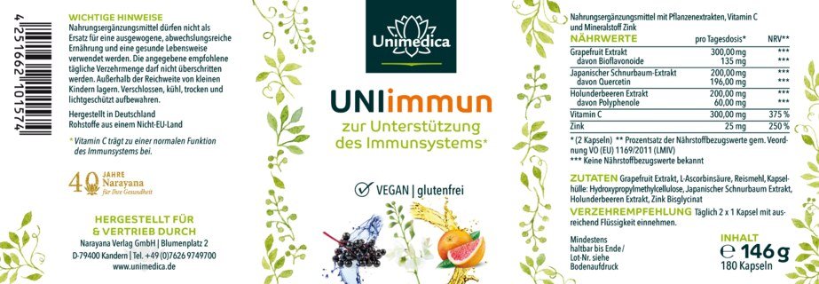 Lot de 2: UNIimmun  pour fonctionnement normal du système immunitaire avec de la vitamine C et du zinc - 2 x 180 gélules - Unimedica