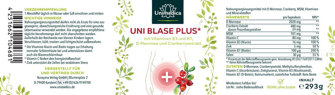 Uni Vessie Plus - avec du D-mannose, de la canneberge, de la vitamine C, B3 et B7 - 293 g de poudre - par Unimedica