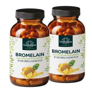 Lot de 2: Bromelaïne - 1040 mg et 3.120 GDU | 6.240 F.I.P. par dose journalière (2 gélules) - avec DR® Caps entériques - 2 x 120 gélules - par Unimedica/