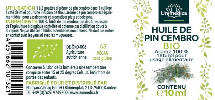 Huile de pin cembro BIO  huile d'arolle 100% naturelle - arôme de pin cembro - huile essentielle - 10 ml - par Unimedica